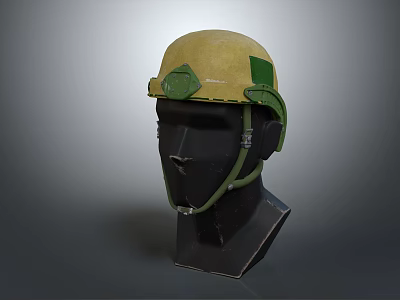 Yellow Helmet With Green Straps Displayed On Black Mannequin Head 3d model