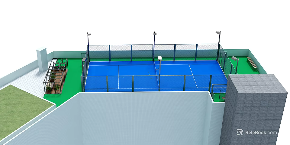 Roof Top Tennis Court Featuring Blue Playing Surface Fence And Lighting Poles For Outdoor Fitness 3d model 