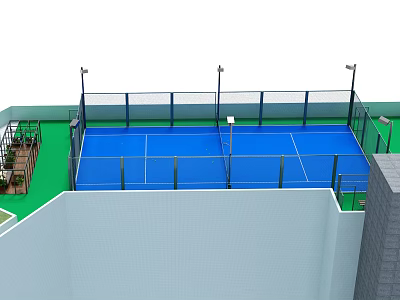 Roof Top Tennis Court Featuring Blue Playing Surface Fence And Lighting Poles For Outdoor Fitness 3d model