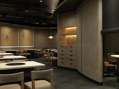 Modern Restaurant Interior With Wooden Tables Chairs Decorative Paintings And Warm Lighting 3d model