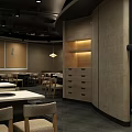 Modern Restaurant Interior With Wooden Tables Chairs Decorative Paintings And Warm Lighting