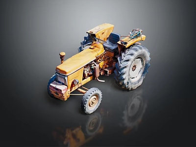 Yellow Vintage Farm Tractor With Large Wheels And Rustic Metal Body 3d model
