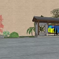 Modern Road Facility Bus Stop With Roofed Structure Trees And People Waiting 3d model