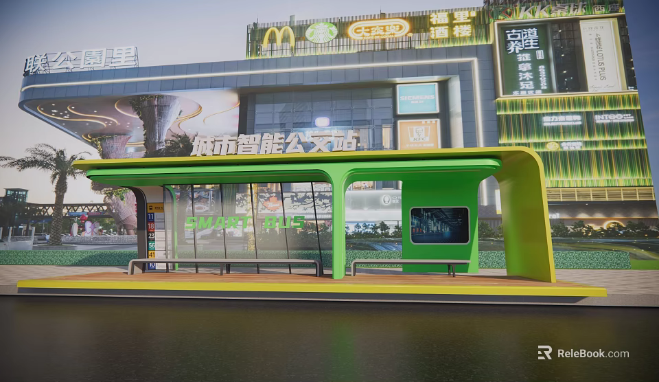 Urban Smart Bus Stop Design With Green Yellow Structure And Digital Screen 3d model 