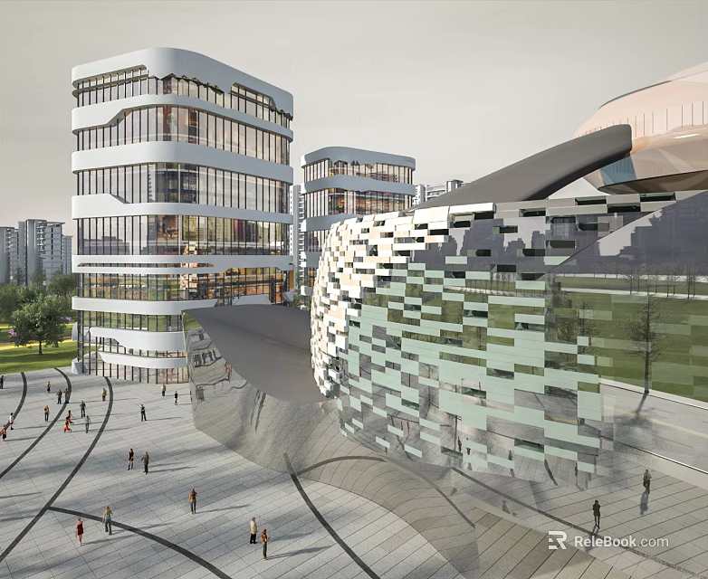 Modern Urban Architectural Complex With Geometric Facade And Open Plaza Where Pedestrians Walk Around 3d model 