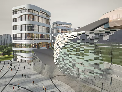 Modern Urban Architectural Complex With Geometric Facade And Open Plaza Where Pedestrians Walk Around 3d model