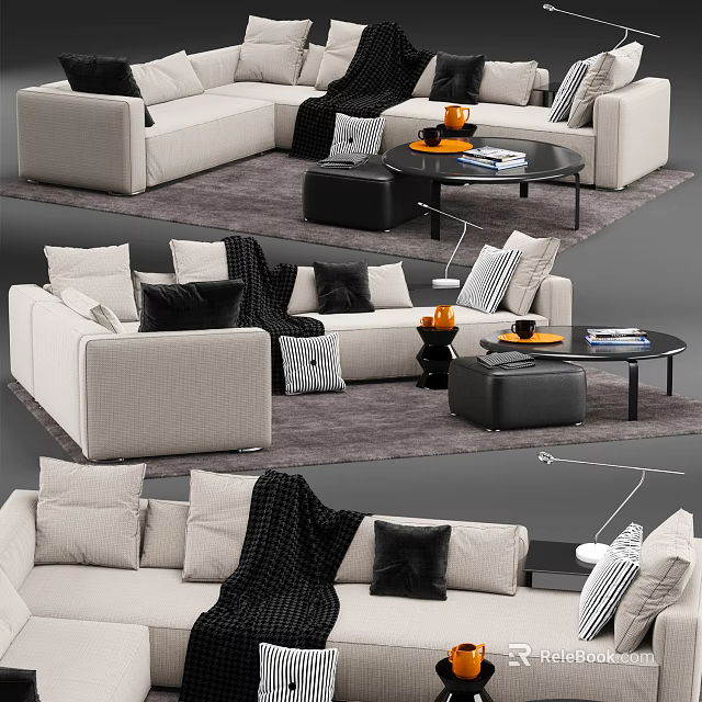 Modern Sectional Sofa With Neutral Tones Throw Pillows Blanket Coffee Table And Ottoman 3d model