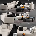Modern Sectional Sofa With Neutral Tones Throw Pillows Blanket Coffee Table And Ottoman 3d model