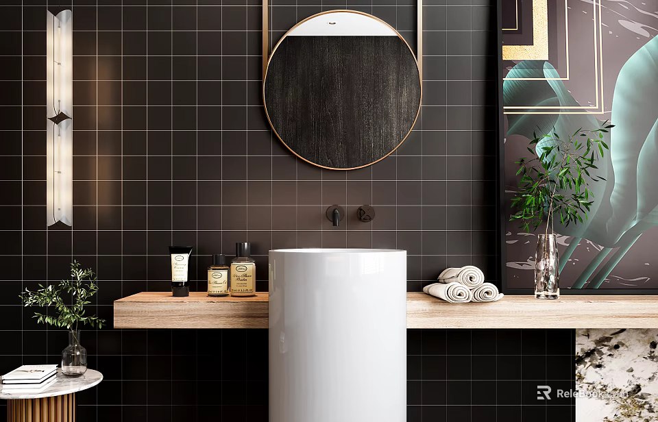 Washbasin with White Pedestal Wooden Countertop Black Tiled Wall Round Gold Frame Mirror and Towels 3d model 