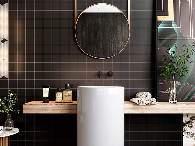 Washbasin with White Pedestal Wooden Countertop Black Tiled Wall Round Gold Frame Mirror and Towels 3d model