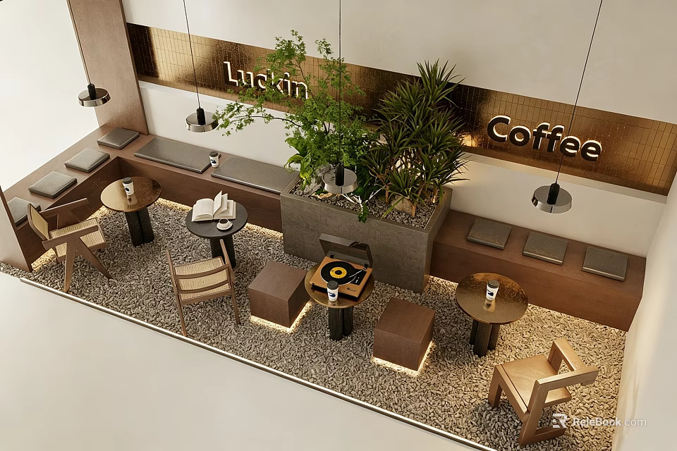 Luckin Coffee Shop Modern Interior With Tables Chairs Plants And Lighting 3d model 