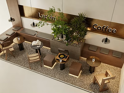 Luckin Coffee Shop Modern Interior With Tables Chairs Plants And Lighting 3d model