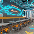 Modern Restaurant Interior Featuring Booth Seating Orange Chairs Geometric Floor And Metallic Accents