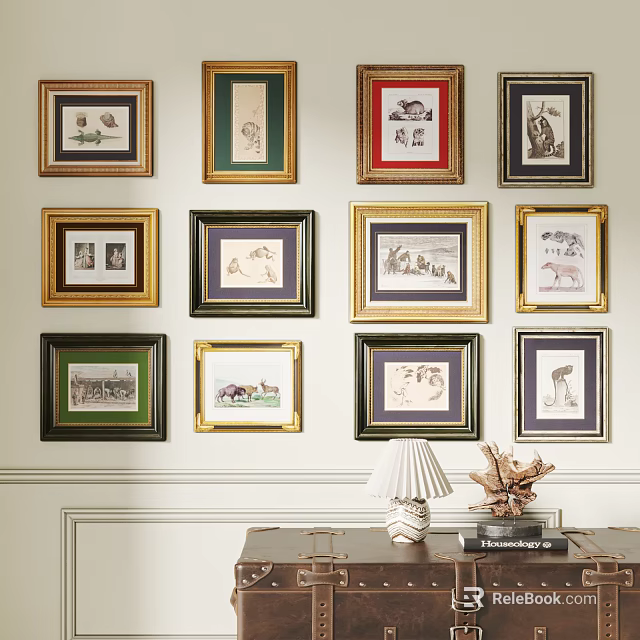 Interior Gallery Wall with Various Framed Artworks Table Lamp and Decor 3d model