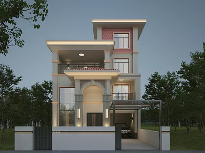 Two Story Detached Villa With Balcony Arched Porch Decorative Columns And Evening Lighting 3d model