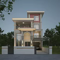 Two Story Detached Villa With Balcony Arched Porch Decorative Columns And Evening Lighting