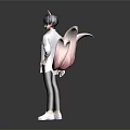 Anime Style Character With Cat Ears And Pink Fox Tail In White Shirt Black Pants