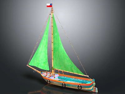 Sailboat With Green Sail Colorful Hull And Chilean Flag Decoration 3d model