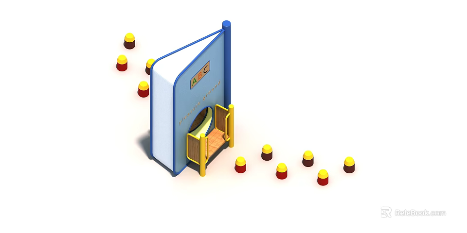 Blue Children's Playground Equipment With Yellow Rotating Entrance And Red Yellow Cones 3d model 