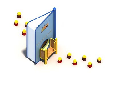 Blue Children's Playground Equipment With Yellow Rotating Entrance And Red Yellow Cones 3d model