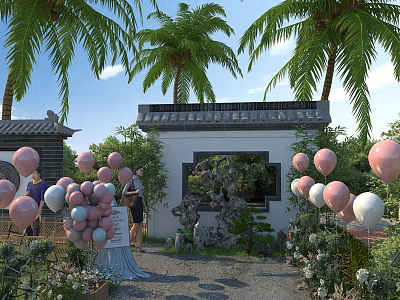 Traditional Chinese Scenic Wall With Palm Trees Pink White Balloons And Floral Decorations 3d model