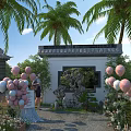 Traditional Chinese Scenic Wall With Palm Trees Pink White Balloons And Floral Decorations