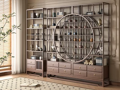 Traditional Chinese Curio Shelf with Lattice Design and Drawers Displaying Antiques Vases and Books 3d model