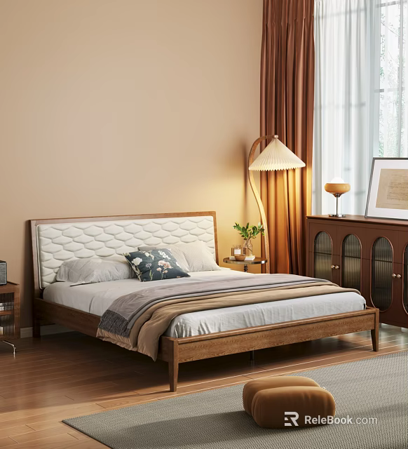 Modern Double Bed with Upholstered Headboard Floor Lamp and Decorative Pillows 3d model 