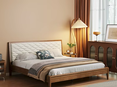 Modern Double Bed with Upholstered Headboard Floor Lamp and Decorative Pillows 3d model