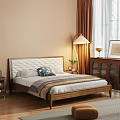 Modern Double Bed with Upholstered Headboard Floor Lamp and Decorative Pillows 3d model