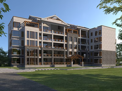 Modern Office Building Exterior With Large Glass Windows Stone Walls And Green Surrounding Lawn 3d model