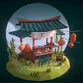 Cartoon Style Chinese Pagoda Pavilion With Dim Sum Red Lanterns Bamboo And Full Moon