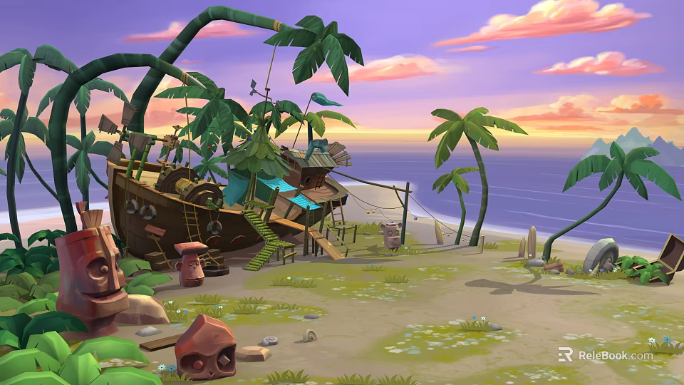 Cartoon Tropical Beach Scene With Old Ship Palm Trees And Sunset Sky 3d model 