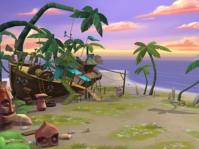 Cartoon Tropical Beach Scene With Old Ship Palm Trees And Sunset Sky 3d model