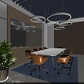 Modern Office Meeting Room With White Table Orange Chairs Circular Pendant Lights And Green Plant