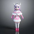 Anime Game Character With White Horns Purple Hair And Pink White Ruffle Dress