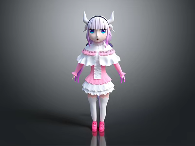 Anime Game Character With White Horns Purple Hair And Pink White Ruffle Dress 3d model