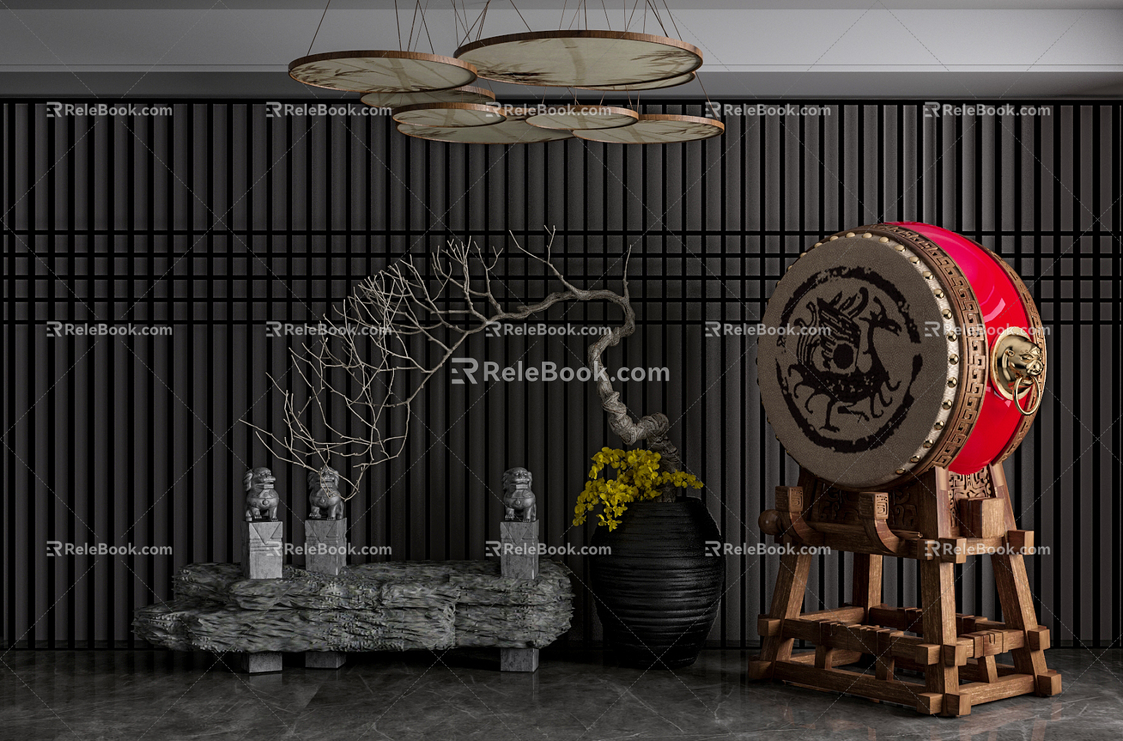 Chinese Drum Big Drum Green Plant Decoration Combination 3d model