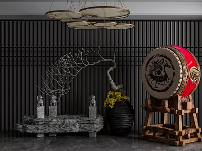Traditional Red Drum Musical Instrument And Artistic Decor With Black Panel Wall Circular Pendant Lights 3d model