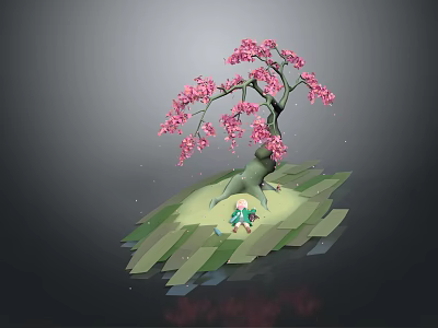 Graceful Pink Flowering Cherry Blossom Tree With Green Ground And Falling Petals 3d model