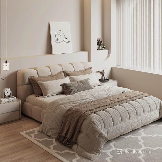 Cozy Modern Bedroom Interior Featuring Upholstered Headboard Layered Pillows Nightstand Decor And Window Blinds 3d model 