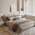 Cozy Modern Bedroom Interior Featuring Upholstered Headboard Layered Pillows Nightstand Decor And Window Blinds