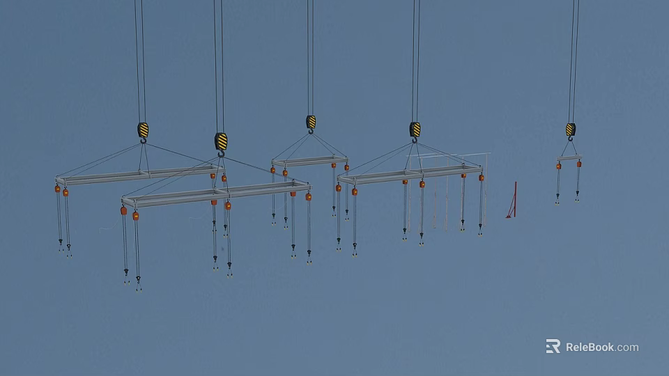 Suspended Metal Lifting Frames With Yellow Components And Hanging Hooks Against Blue Sky 3d model 