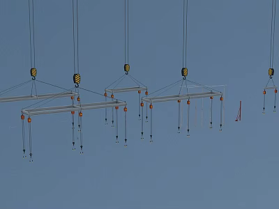 Suspended Metal Lifting Frames With Yellow Components And Hanging Hooks Against Blue Sky 3d model