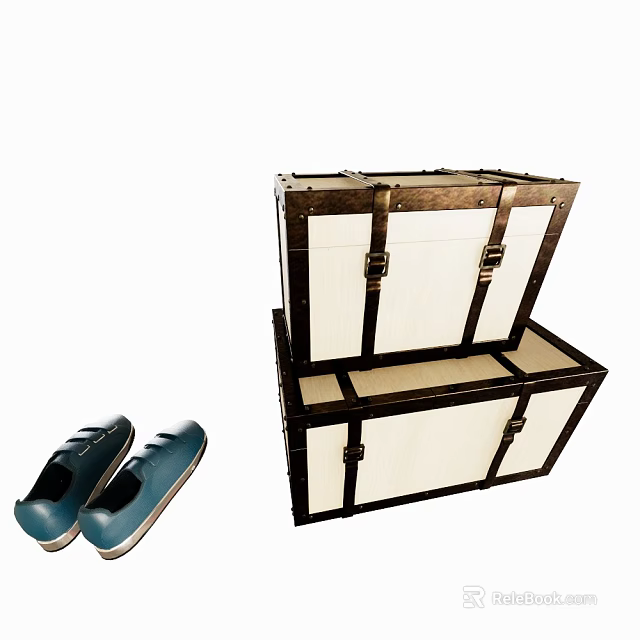 Vintage Wooden Storage Boxes With Metal Clasps And Blue Shoes 3d model 