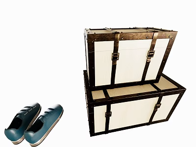 Vintage Wooden Storage Boxes With Metal Clasps And Blue Shoes 3d model