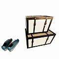 Vintage Wooden Storage Boxes With Metal Clasps And Blue Shoes