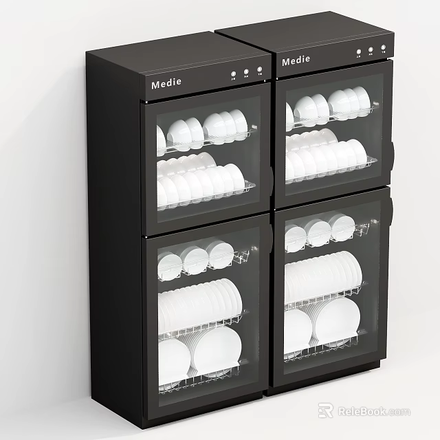 Black Midea Dish Sterilizer Cabinet With Multiple Layers And White Dishes 3d model