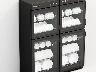 Black Midea Dish Sterilizer Cabinet With Multiple Layers And White Dishes 3d model