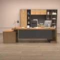 Modern Wooden Office Desk With Table Lamp Tablet Documents Black Chair And Wooden Floor